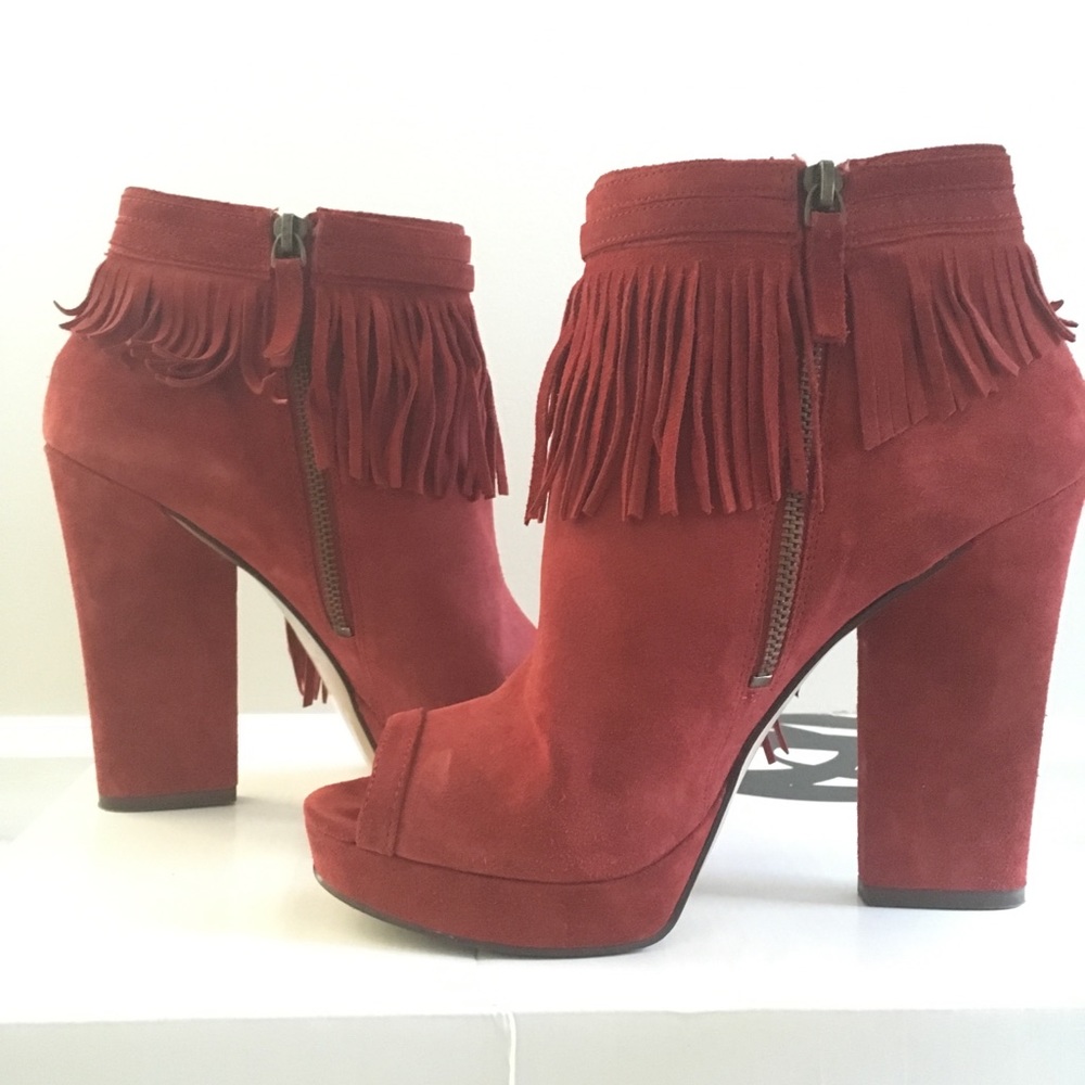 Nine West Fringe Peep Toe Bootie Red
